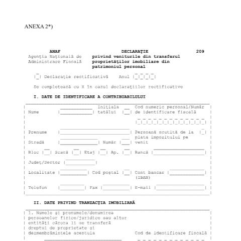 Document preview: Declarație privind veniturile din transferul proprietăților imobiliare din patrimoniul personal (Ordin comun al MFP 1022/2016 și MJ 2562/2016, cu modificările și completările ulterioare) — Declarații impunere, România (CERFA n°209_OPANAF_1075_2021)